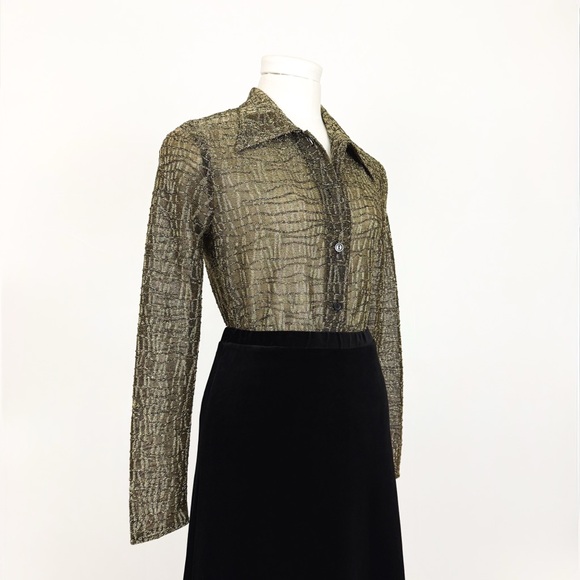 Vintage Tops - Vintage 90’s Sheer Metallic Textured Button-Front Blouse in Black & Gold Size S
